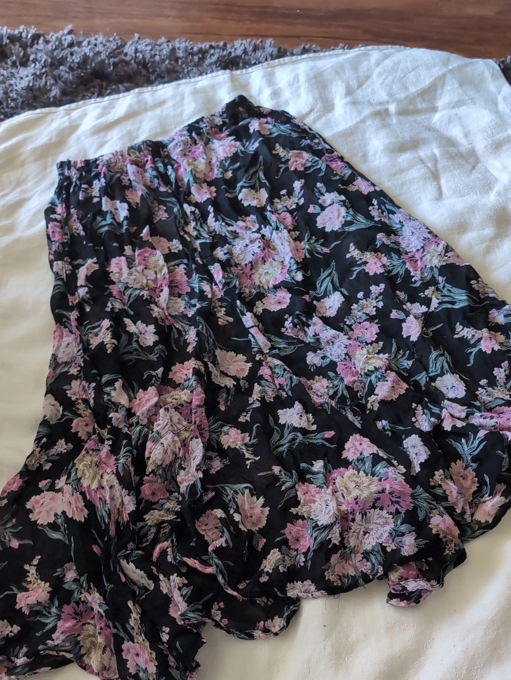 Black Floral Midi Skirt with Pink Blooms